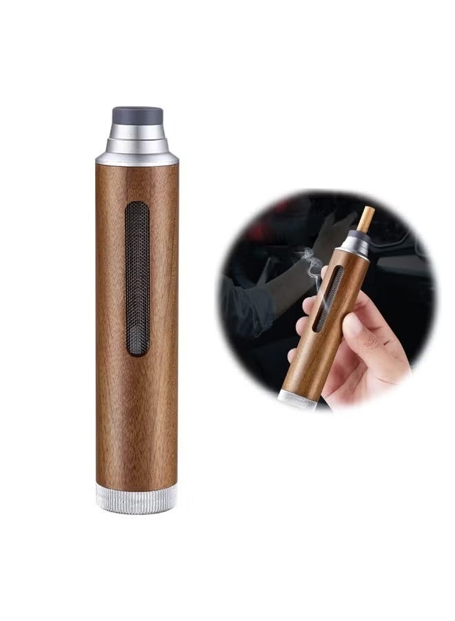 saykfoe Handheld Ashtray,Portable Metal Cigarette Ash Tube Windproof Smokeless Ashtray Fireproof Cigarettes Ash Holder Detachable Cigarette Ashtray for Indoor Outdoor Smoking,Walnut Wood Silver - Image 1